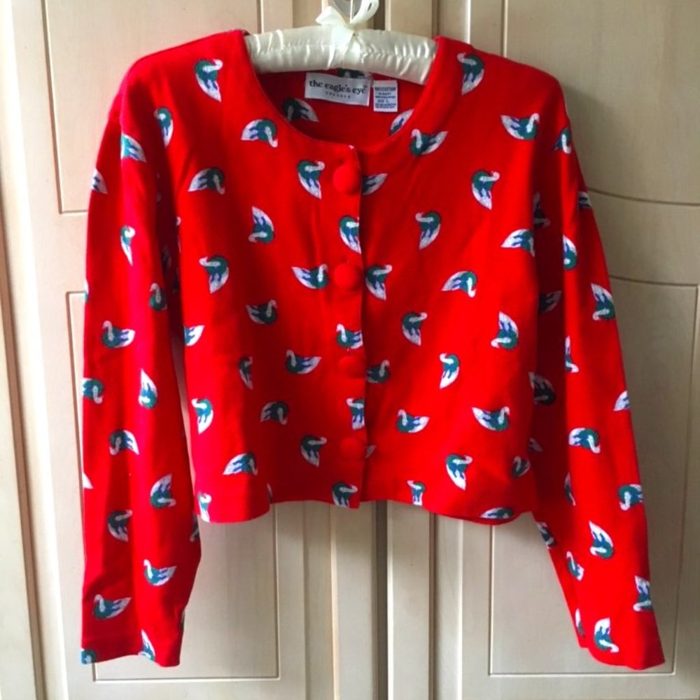 Cherry Red Patterned Cropped Cardigan